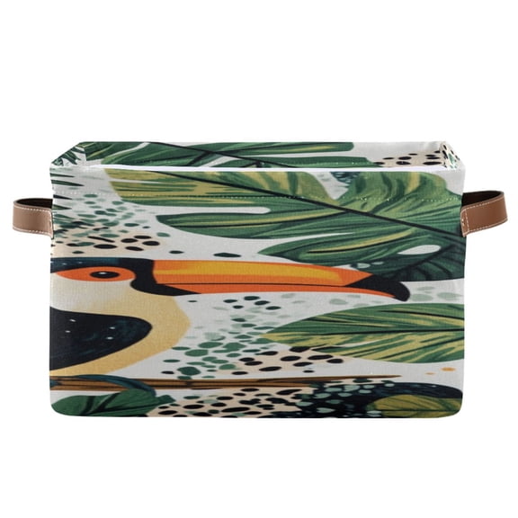 Toucans in Jungle Leaves Leopard Print Square Storage Bins with Handles Collapsible Containing Box 1 Pack