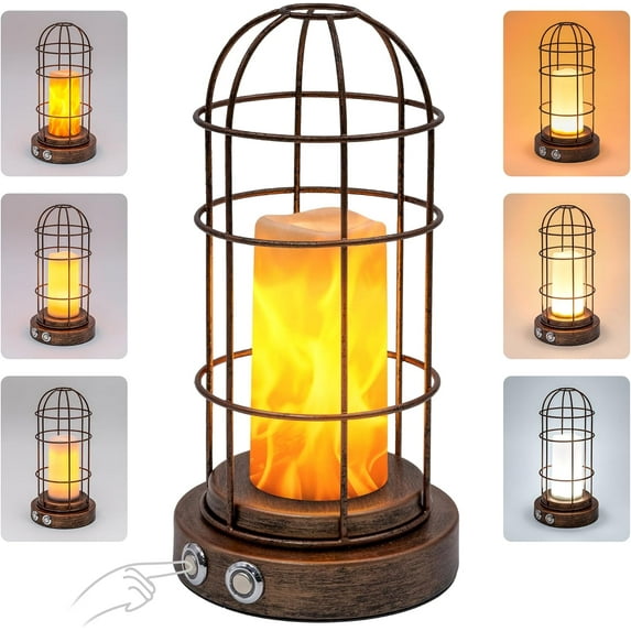 Touch Bedroom Table Lamps, Small Bedside Lamp with 3 Brightness & 3 Color, Portable Rechargeable Cordless Lamp with Flame Lantern, Brown Steampunk Nightstand Desk Lamp for Bedroom, Living Room