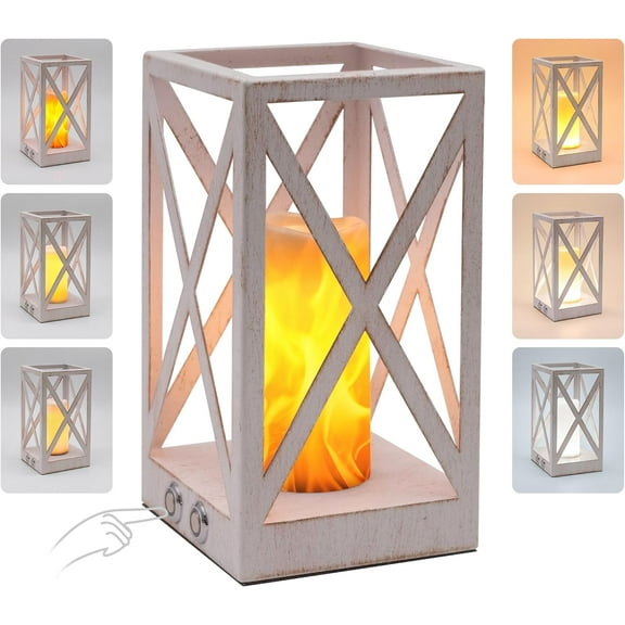 Touch Bedside Table Lamp with 3 Brightness & 3 Color Temperatures Dimmable Lamp, Battery Powered Small Lamp for Bedroom, Vintage White Nightstand Lamp with Flame Lantern for Bedroom Living Room