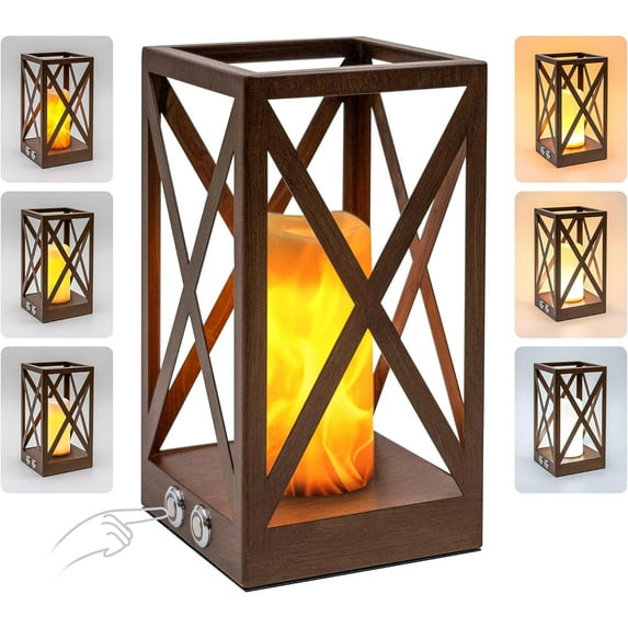 Touch Bedside Table Lamp, 3 Color Temperatures Small Lamp with Flame Lantern, Cordless Rechargeable Industrial Brown Table Lamp, Farmhouse Retro Nightstand Desk Lamp for Bedroom, Living Room