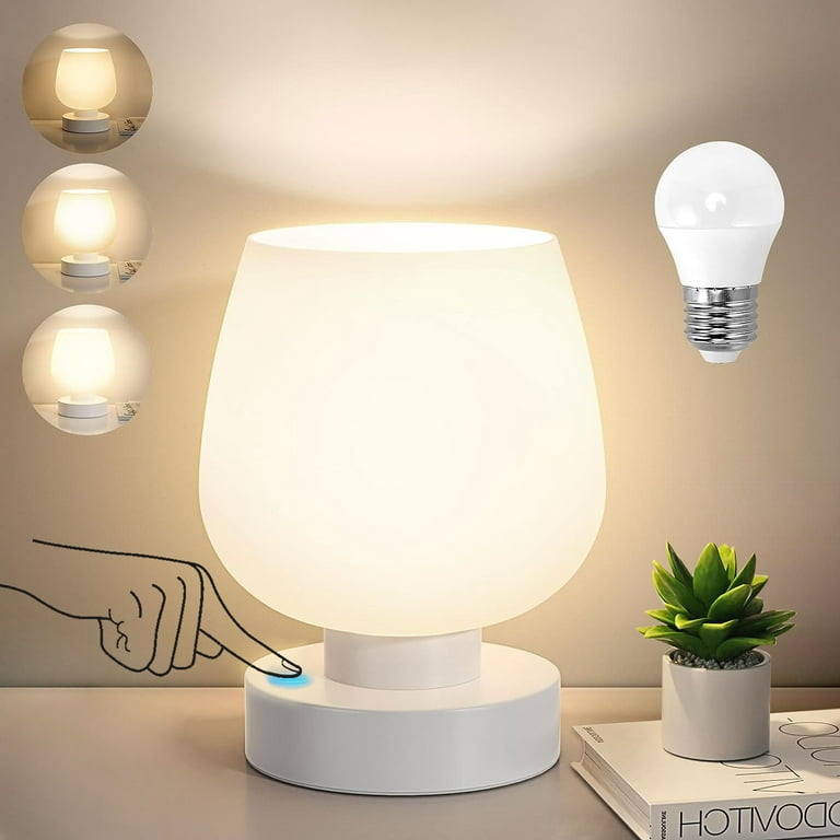 Touch Bedside Table Lamp Modern Small For Bedroom Living Room Nightstand Desk With White Opal Glass Shade Warm Led Bulb 3 Way Dimmable Com