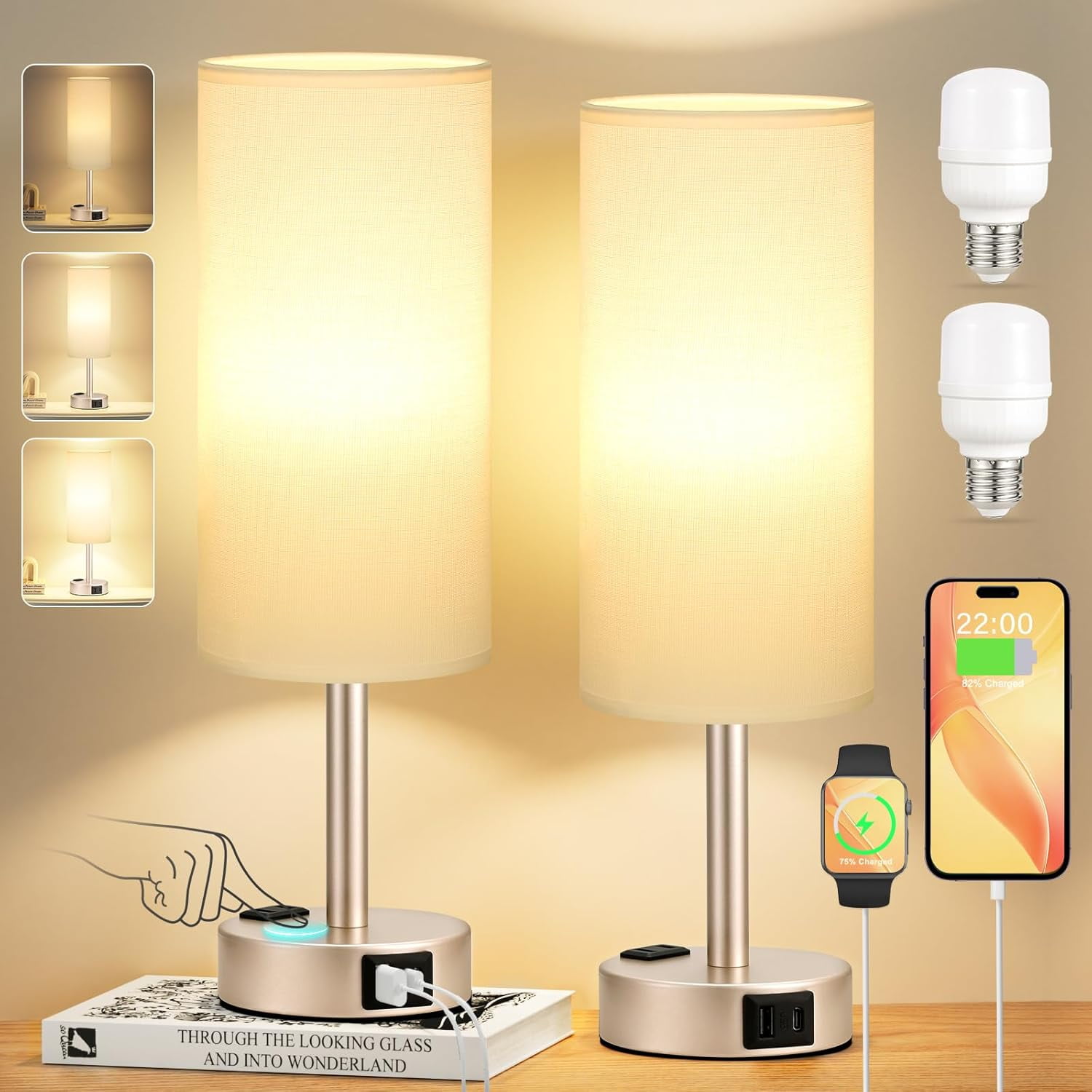 Touch Bedside Table Lamps Set - 3 Way Dimmable Bedroom Lamps Set of 2 ...