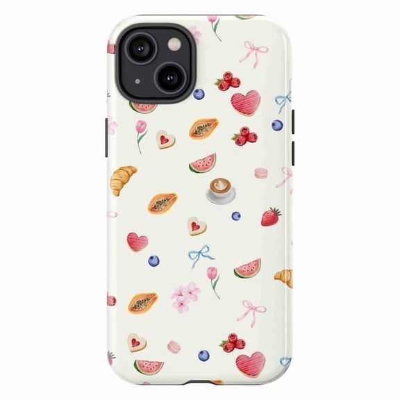 Touch Case Dual Layer Phone Case for iPhone 11 12 13 14 15 16 Pro Max Mini Plus – Cute Food & Hearts Pattern