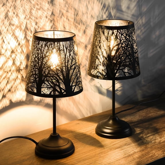 Touch Control - 2 Pack 3 Level Dimmable Black Metal Tree Pattern Shadow Table Lamps