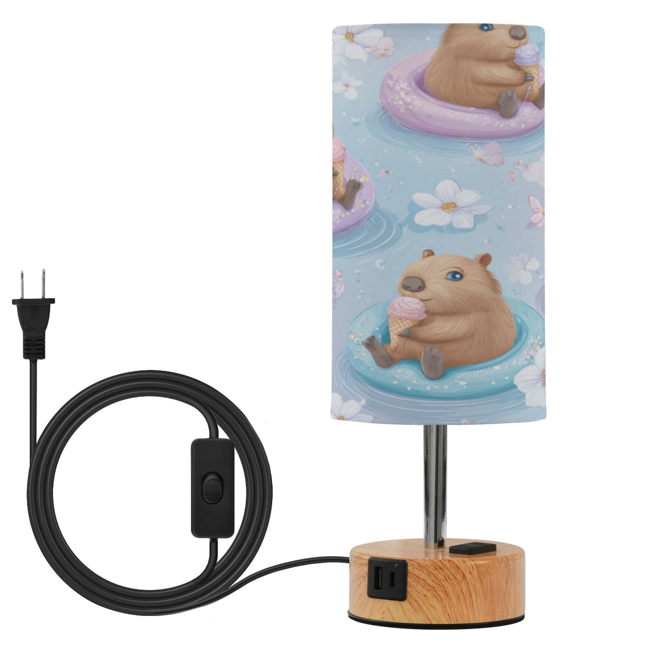 Touch-Control 3-Color Desk Lamp with Plug – Energy-Saving LED + 3 Simultaneous Charging Ports Capybaras Eating Ice Cream