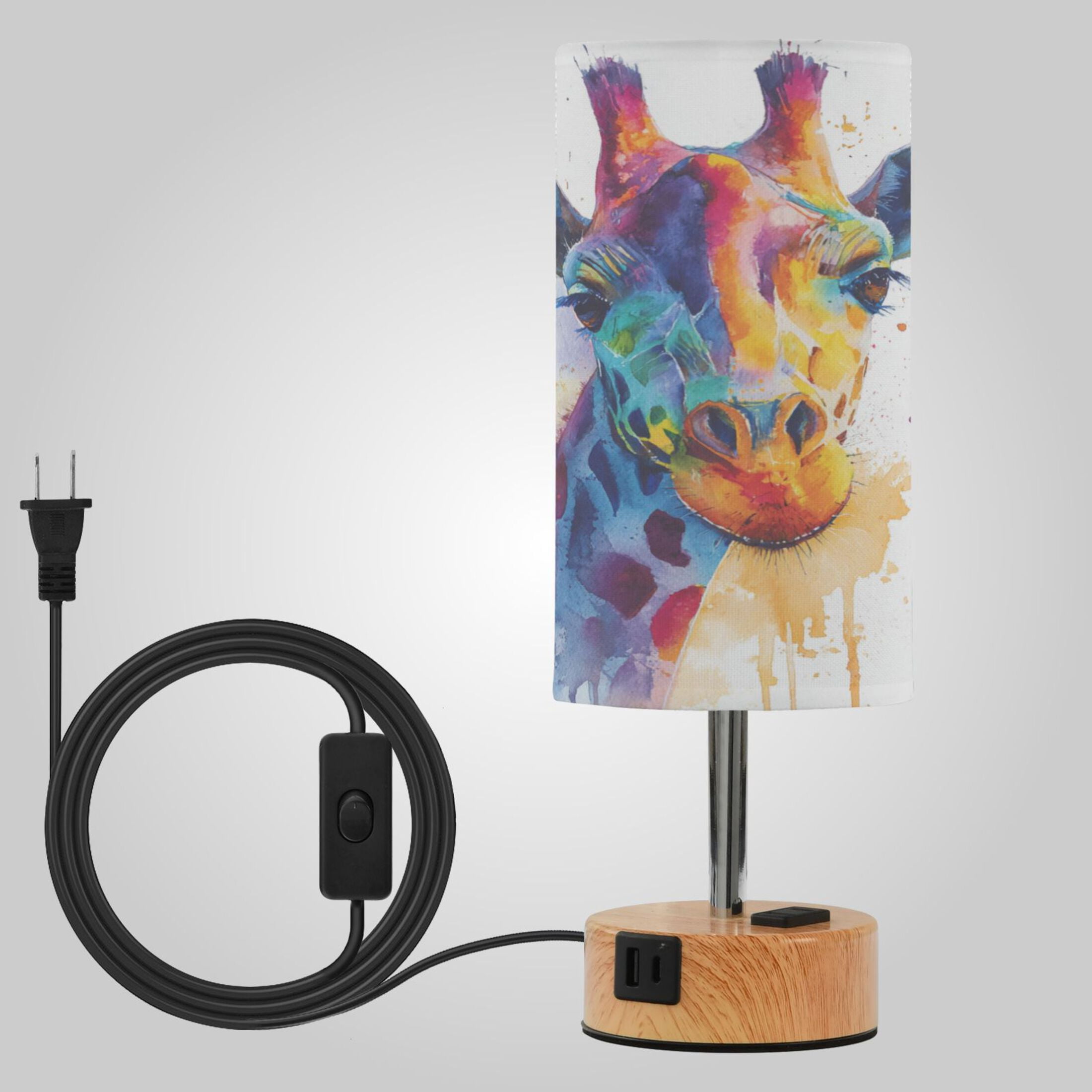 Touch-Control 3-Color Desk Lamp with Plug – Energy-Saving LED + 3 Simultaneous Charging Ports Colorful Giraffe Pattern