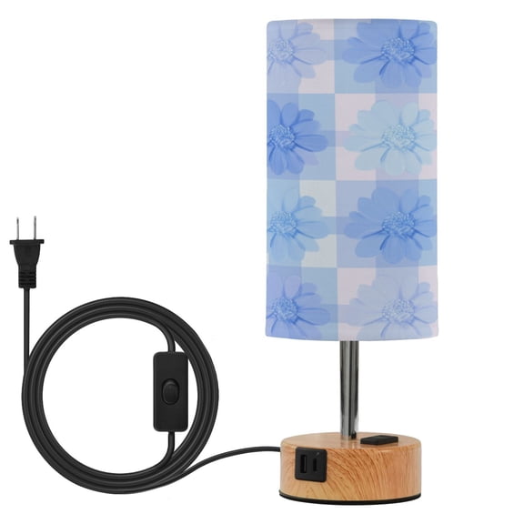 Touch-Control 3-Color Desk Lamp with Plug – Energy-Saving LED + 3 Simultaneous Charging Ports Cute Blue Gingham Flowers