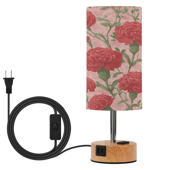 Touch-Control 3-Color Desk Lamp with Plug – Energy-Saving LED + 3 Simultaneous Charging Ports Elegant Red Carnation Pattern