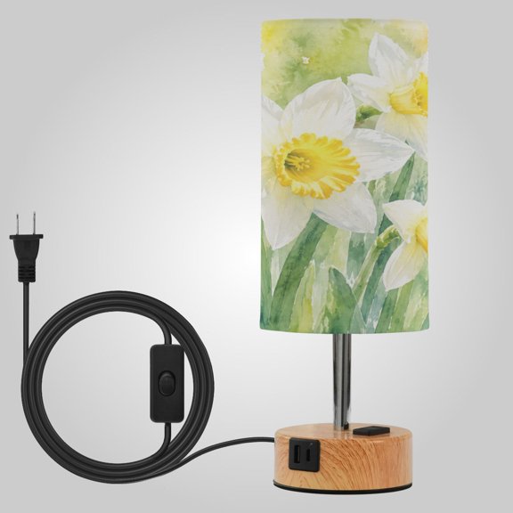 Touch-Control 3-Color Desk Lamp with Plug  Energy-Saving LED + 3 Simultaneous Charging Ports Fresh Yellow Daffodil Blooms