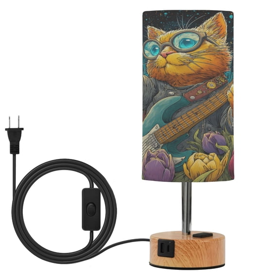 Touch-Control 3-Color Desk Lamp with Plug Energy-Saving LED + 3 Simultaneous Charging Ports Guitar Playing Cat
