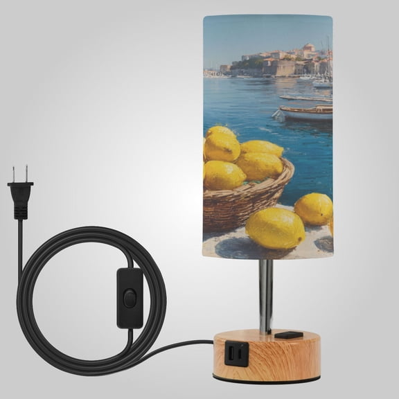 Touch-Control 3-Color Desk Lamp with Plug Energy-Saving LED + 3 Simultaneous Charging Ports Lemon Basket Harbor Painting