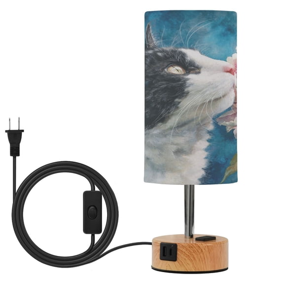 Touch-Control 3-Color Desk Lamp with Plug – Energy-Saving LED + 3 Simultaneous Charging Ports Peonies and Cat