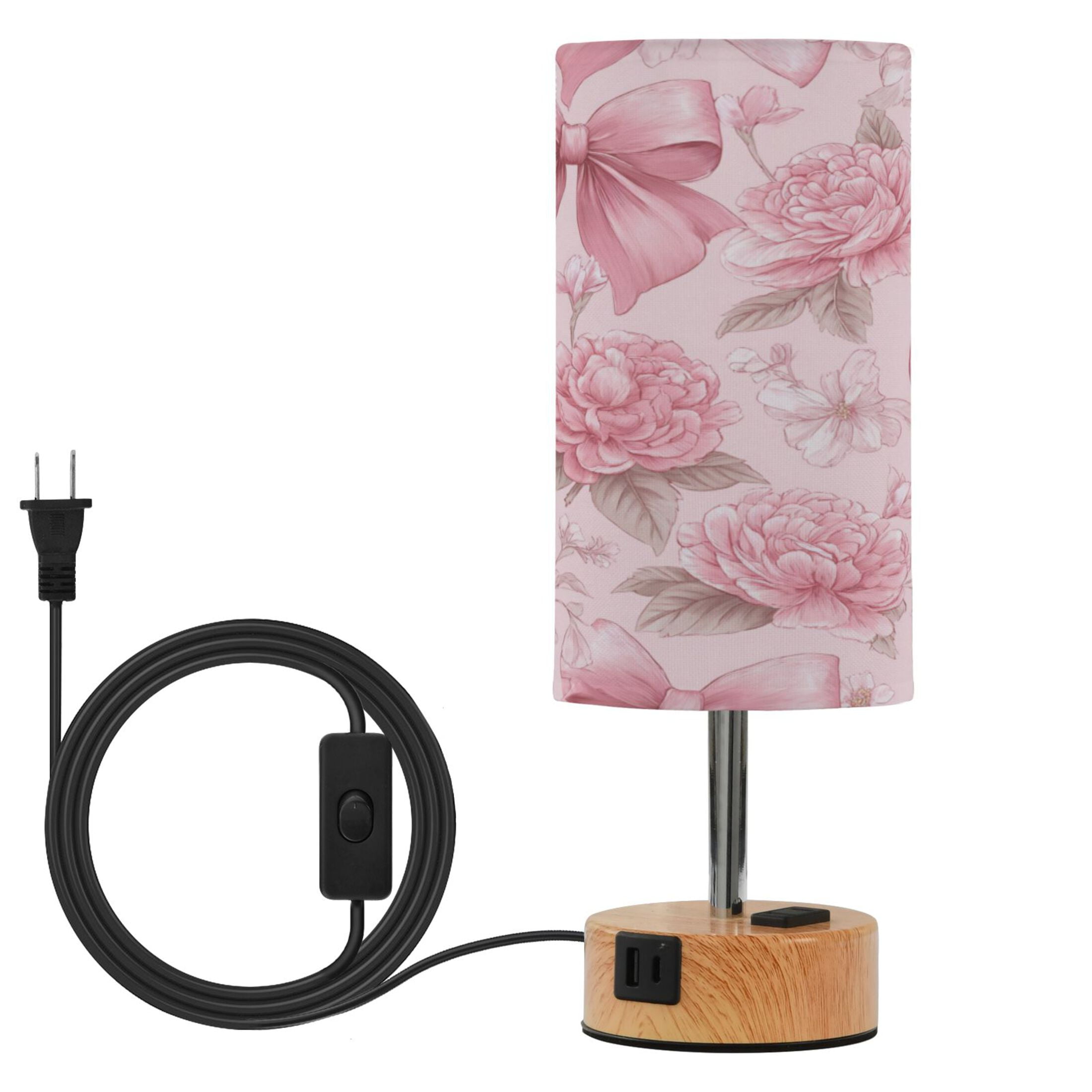 Touch-Control 3-Color Desk Lamp with Plug – Energy-Saving LED + 3 Simultaneous Charging Ports Pink Bows and Peony Flowers
