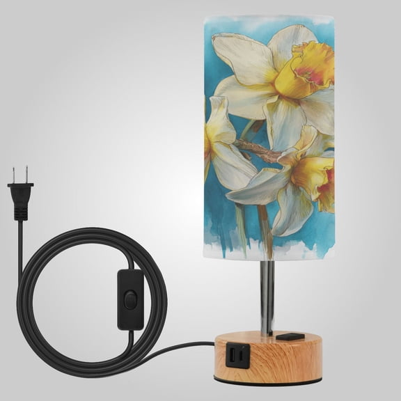 Touch-Control 3-Color Desk Lamp with Plug  Energy-Saving LED + 3 Simultaneous Charging Ports Spring Daffodils