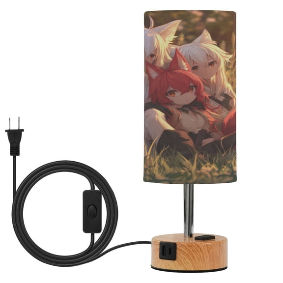 Touch-Control 3-Color Desk Lamp with Plug  Energy-Saving LED + 3 Simultaneous Charging Ports Three Anime Foxes