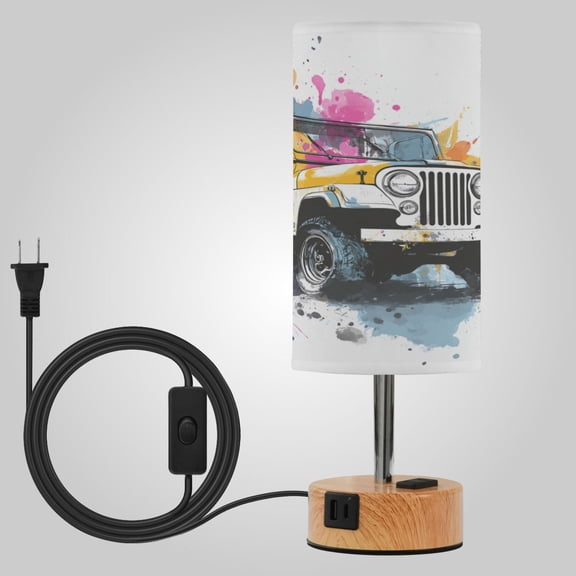 Touch-Control 3-Color Desk Lamp with Plug  Energy-Saving LED + 3 Simultaneous Charging Ports Wet Watercolor Jeep Pattern