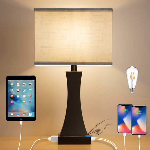 Touch Control 3-Way Dimmable 21.6" Tall Table Lamp with USB A+C Port and AC Outlet Bedside Lamp for Living Room Bedroom Office and Hotel Bulb Included
