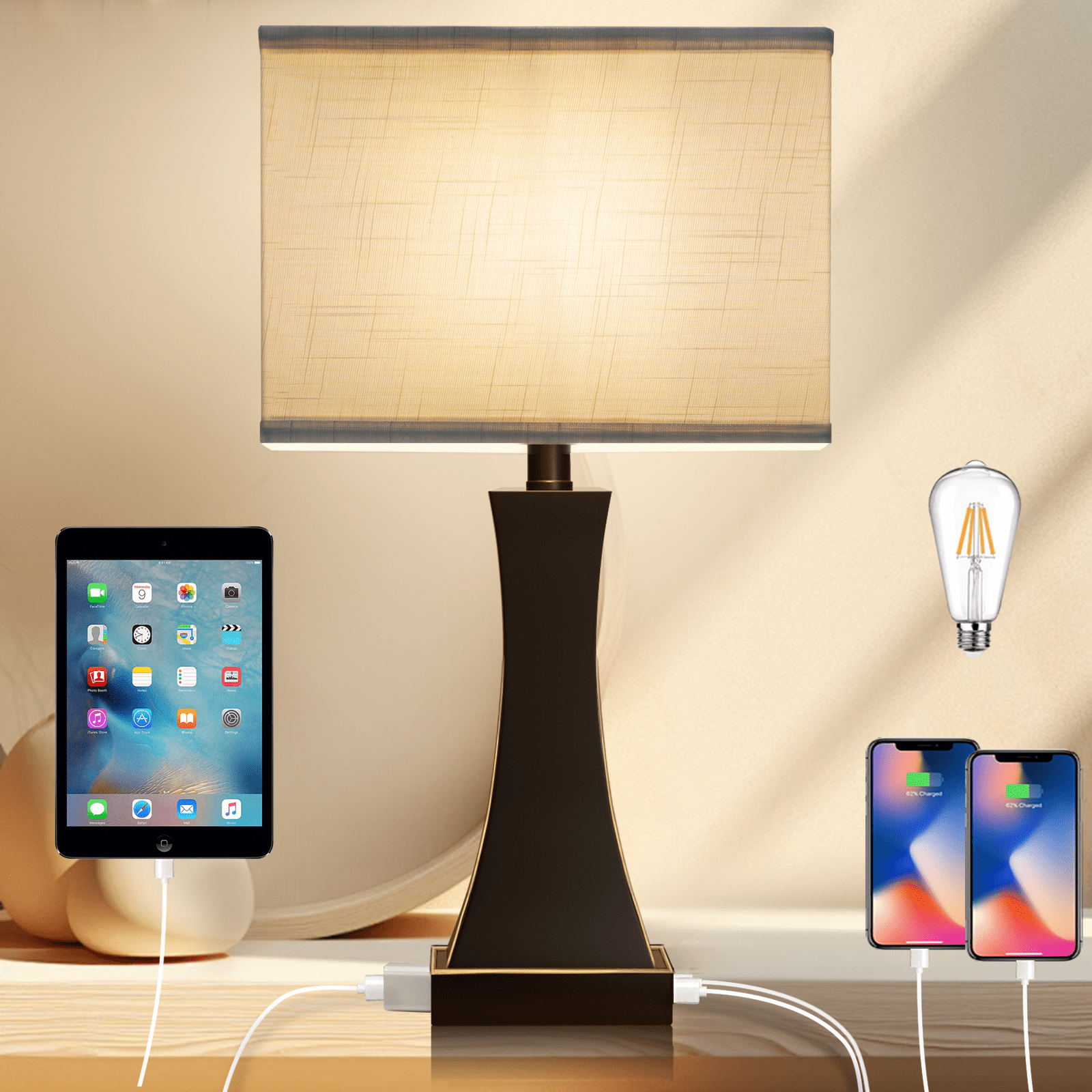 Touch Control 3-Way Dimmable 21.6" Tall Table Lamp with USB A+C Port and AC Outlet Bedside Lamp for Living Room Bedroom Office and Hotel Bulb Included