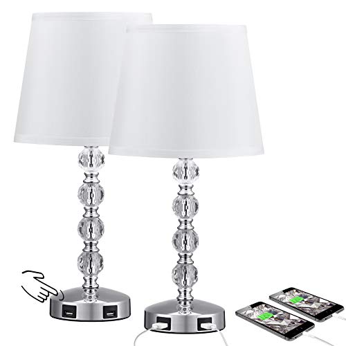 Touch Control 3 Way Dimmable Cute Crystal Table Lamp with 2 USB Charging Ports, Acaxin 17Inch Bedside Light with Modern White Shade, Small Bed Lamp for Bedroom, Living Room, Guest Room(Bulb Included) - image 1 of 3