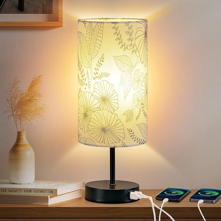Touch Control Bedside Lamp with 2 USB Ports, 3-Way Dimmable Table lamp for Bedroom, Nightstand Lamp with Round Flower Fabric Shade for Living Room Home Office (E26 LED Bulb Included)