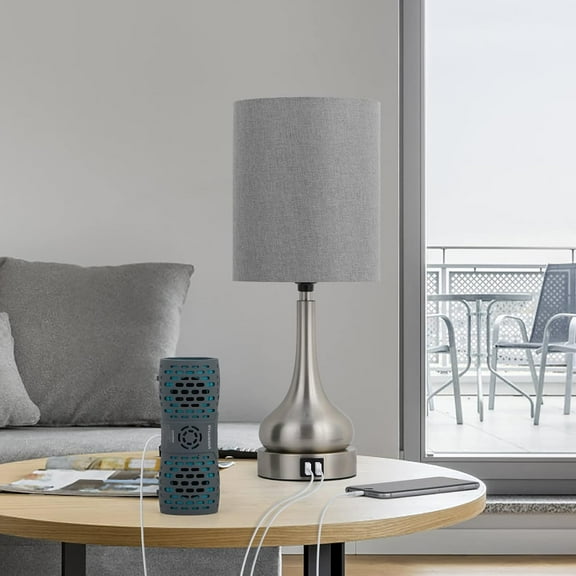 Touch Control Bedside Lamp Set of 2 with Dual Usb and Ac Outlets, Table Lamp for Living Room, Dorm Room - Silver/Grey