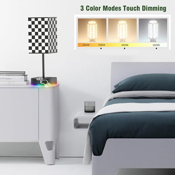 Touch Control Bedside Table Lamp with 12W LED Light Bulb and Chess Board Fabric Shade, 2 AC Outlet, 3 Color Modes, for Bed Room/Nightstand/Office/Living Room Guest Room