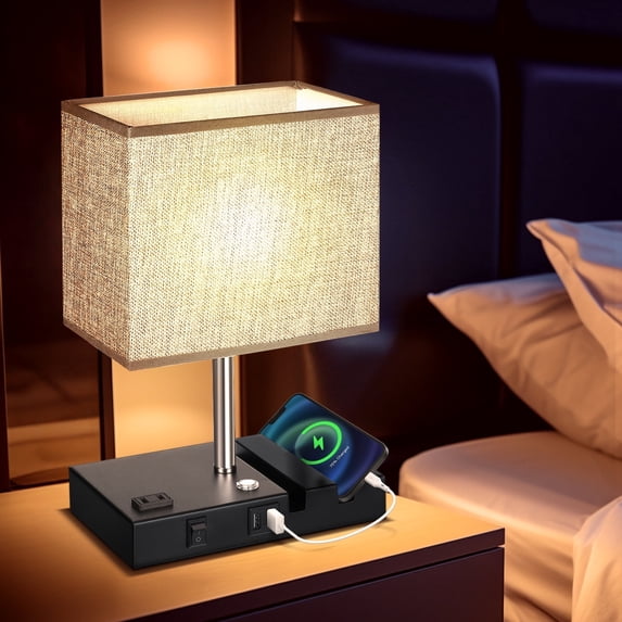 Touch Control Bedside Table Lamp,Fabric Nightstand Lamp 3 Way Dimmable,with 2 USB Charging Ports, 1 AC Outlets and 2 Phone Stands, for Bedroom Living Room