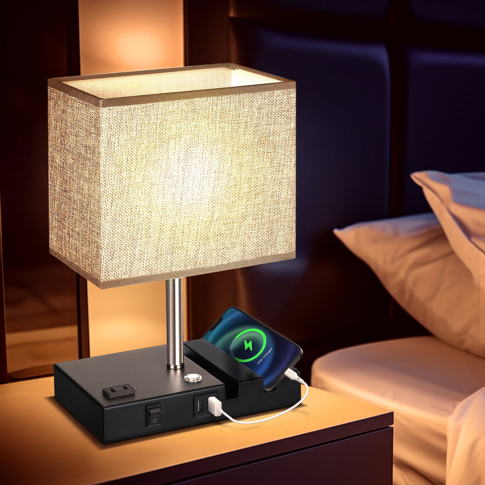 Touch Control Bedside Table Lamp,Nightstand Lamp 3 Way Dimmable,with 2