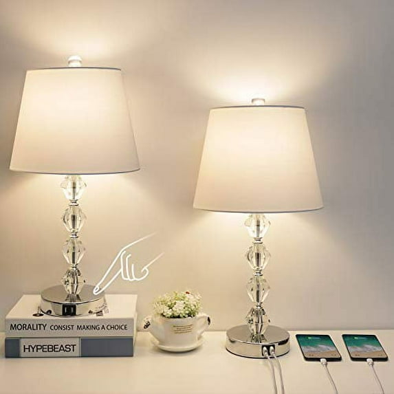 Touch Control Crystal Table Lamp Set of 2, 3 Way Dimmable Bedside Lamp with 2 USB Charging Ports, Modern Nightstand Lamp with White Shade, USB Touch Lamp for Living Room Bedroom, 6W Bulbs Included