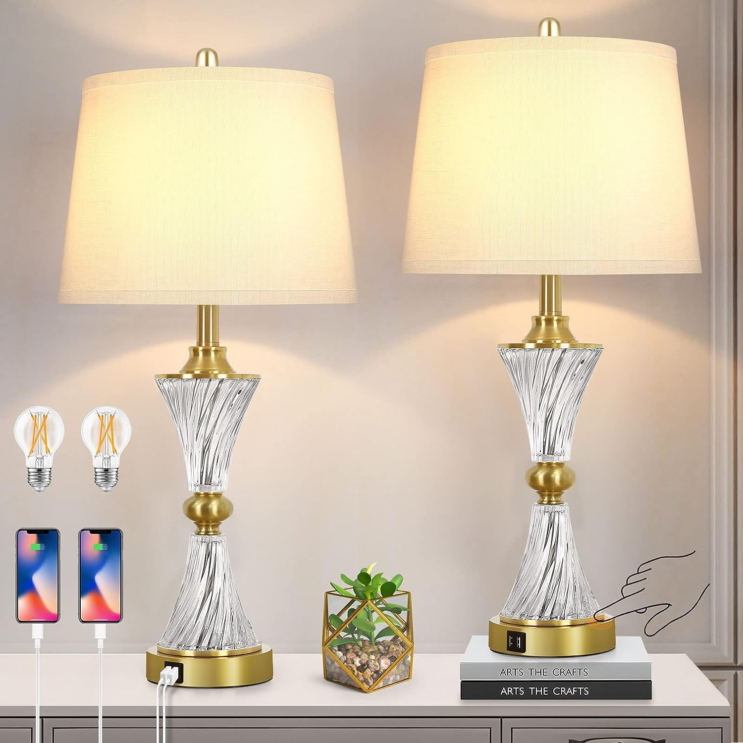Gold and Crystal 3-Way Touch Control Table Lamps with USB Ports, Set of 2