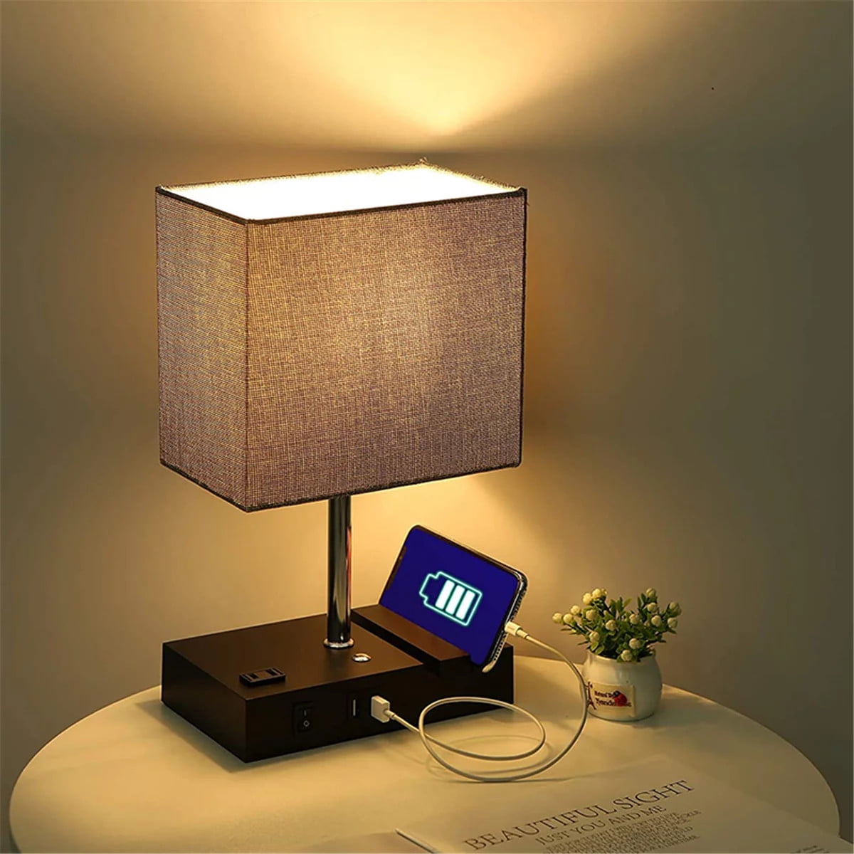 Touch Control Table Lamp with 2 USB Charging Ports, 1 AC Outlets and 2 Phone Stands, Modern USB Desk Lamp with Black Wooden Base and Grey Shade Suitable for Bedroom, Living Room