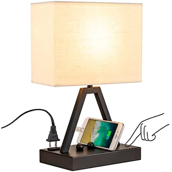 Touch Control Table Lamp, 3-Way Dimmable Desk Lamp with USB C & USB A and AC Outlet, Bedside Lamps with Phone Stands for Bedroom, Living Room, Office, LED Bulb Included, Black