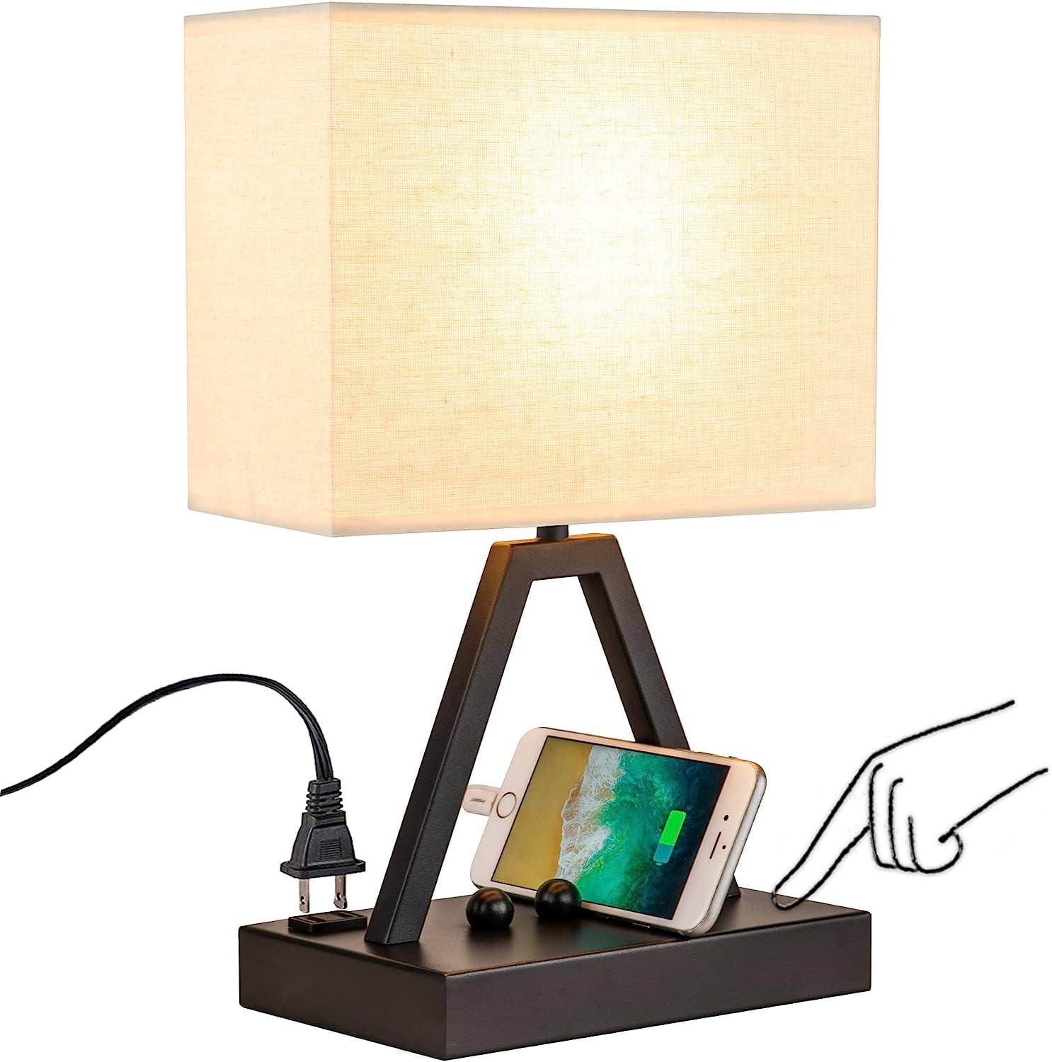 Touch Control Table Lamp, 3-Way Dimmable Desk Lamp with USB C \u0026 USB A and  AC Outlet, Bedside Lamps with Phone Stands for Bedroom, Living Room,  Office, LED Bulb Included, Black -, image size:1486x1500