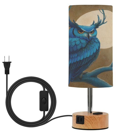 Touch Control Table Lamp with Wood Grain Metal Base, 3 Color Temperature Adjustable LED Eye Caring Desk Lamp for Bedroom Study Blue Owl Antlers Moon Perch