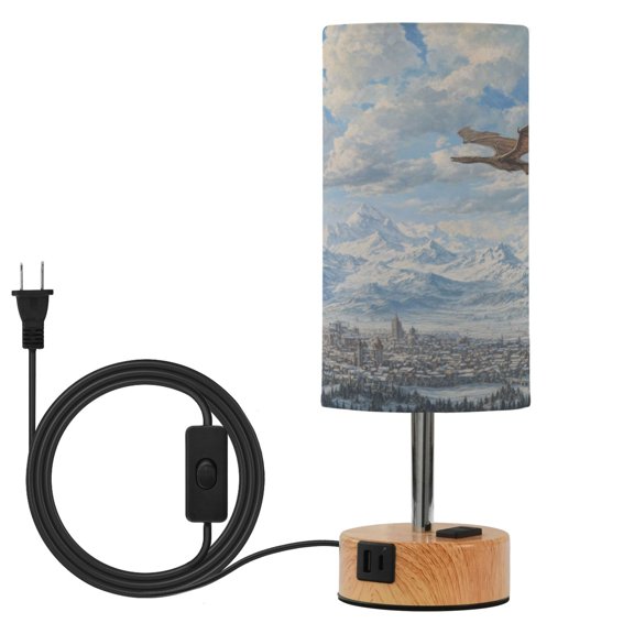 Touch Control Table Lamp with Wood Grain Metal Base, 3 Color Temperature Adjustable LED Eye Caring Desk Lamp for Bedroom Study Dragon Flying Medieval Town