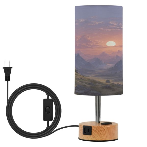 Touch Control Table Lamp with Wood Grain Metal Base, 3 Color Temperature Adjustable LED Eye Caring Desk Lamp for Bedroom Study Fantasy Mountain Ancient Tower