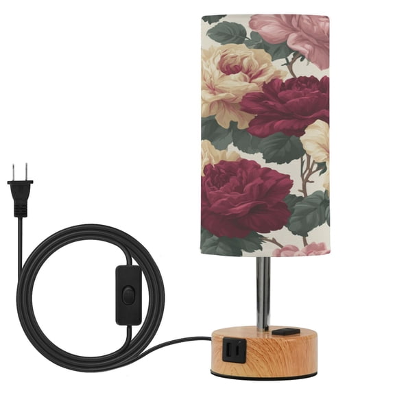 Touch Control Table Lamp with Wood Grain Metal Base, 3 Color Temperature Adjustable LED Eye Caring Desk Lamp for Bedroom Study Large Open Burgundy Roses