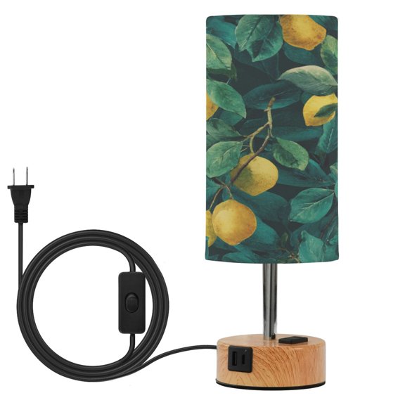 Touch Control Table Lamp with Wood Grain Metal Base, 3 Color Temperature Adjustable LED Eye Caring Desk Lamp for Bedroom Study Lemon Tree Green Leaves