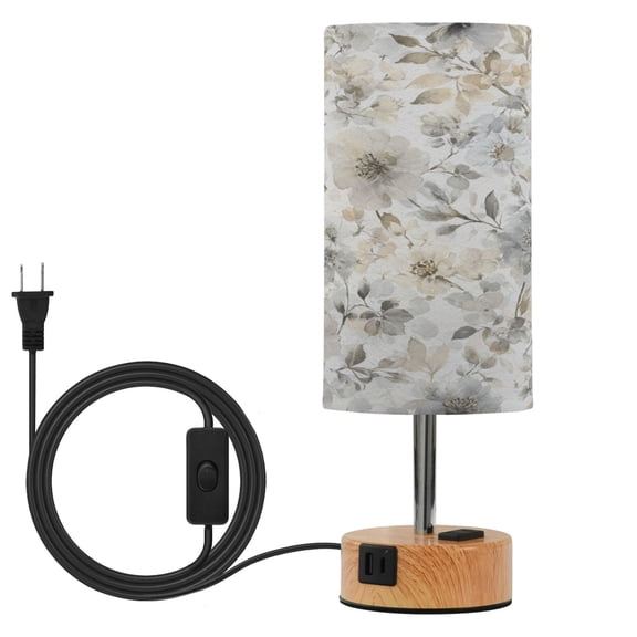 Touch Control Table Lamp with Wood Grain Metal Base, 3 Color Temperature Adjustable LED Eye Caring Desk Lamp for Bedroom Study Muted Gray Flowers Bouquet