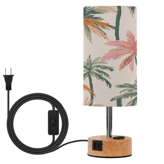 Touch Control Table Lamp with Wood Grain Metal Base, 3 Color Temperature Adjustable LED Eye Caring Desk Lamp for Bedroom Study Pink Green Coconut Tree