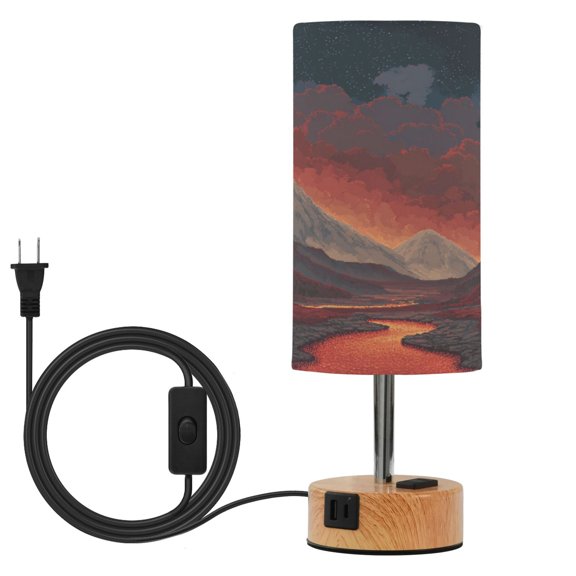 Touch Control Table Lamp with Wood Grain Metal Base, 3 Color Temperature Adjustable LED Eye Caring Desk Lamp for Bedroom Study Red Lava Pixel Mountain