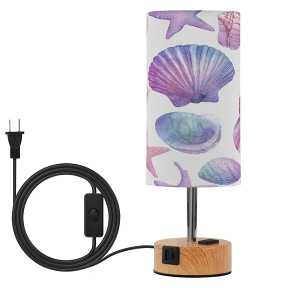 Touch Control Table Lamp with Wood Grain Metal Base, 3 Color Temperature Adjustable LED Eye Caring Desk Lamp for Bedroom Study Shell and Starfish Diagram
