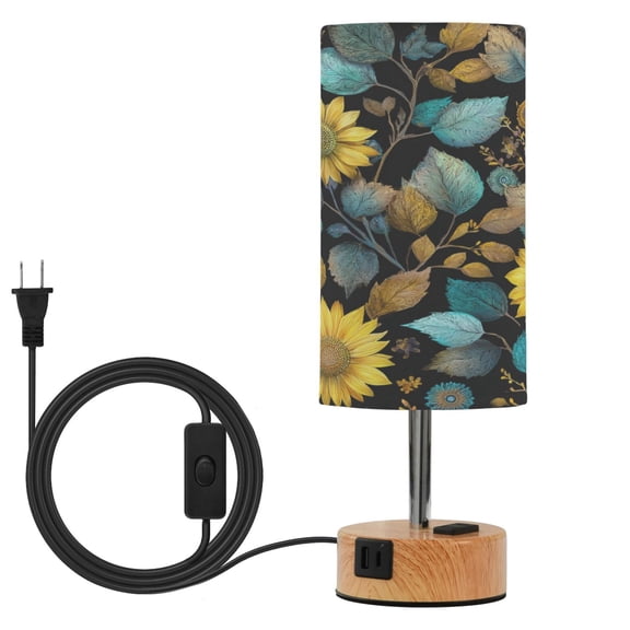 Touch Control Table Lamp with Wood Grain Metal Base, 3 Color Temperature Adjustable LED Eye Caring Desk Lamp for Bedroom Study Yellow Sage Leaf Pattern