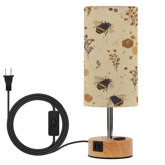 Touch Control Table Lamp with LED Bulb Bedside Lamp for Bedroom Living Room Bees and Flowers Pattern
