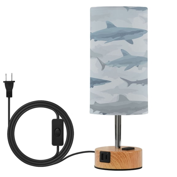 Touch Control Table Lamp with LED Bulb Bedside Lamp for Bedroom Living Room Blue and Gray Sharks Pattern