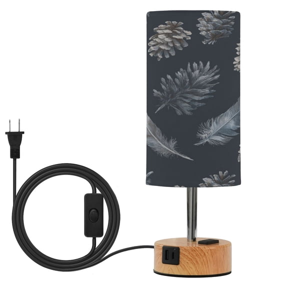 Touch Control Table Lamp with LED Bulb Bedside Lamp for Bedroom Living Room Deep Gray Feathers and Pinecones