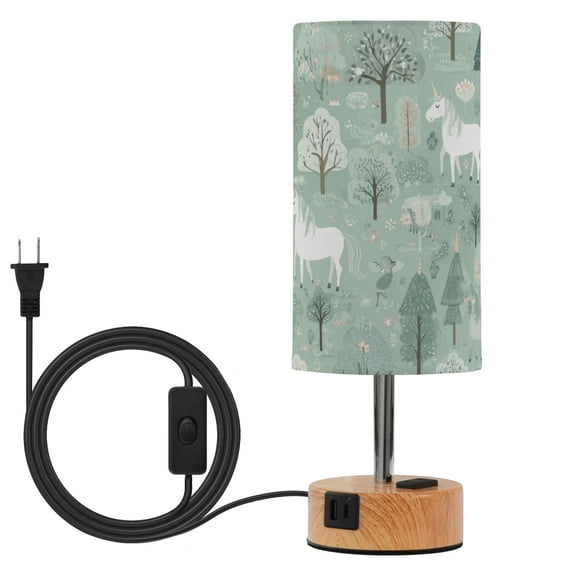 Touch Control Table Lamp with LED Bulb Bedside Lamp for Bedroom Living Room Mint Green Unicorns and Trees