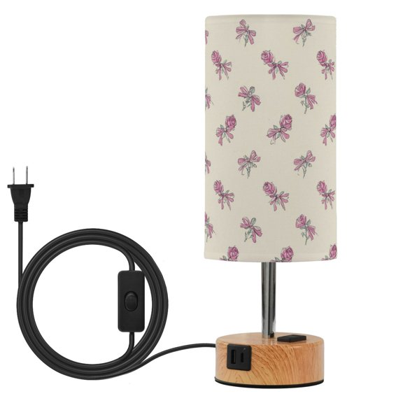 Touch Control Table Lamp with LED Bulb Bedside Lamp for Bedroom Living Room Pink Roses and Bows Pattern