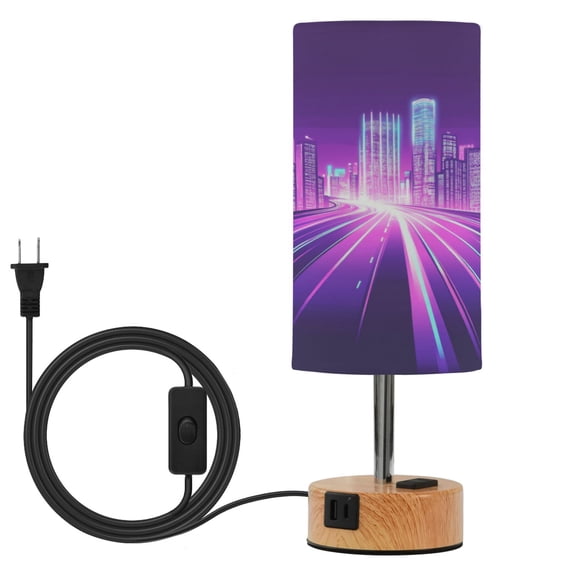 Touch Control Table Lamp with LED Bulb Bedside Lamp for Bedroom Living Room Purple City Skyline