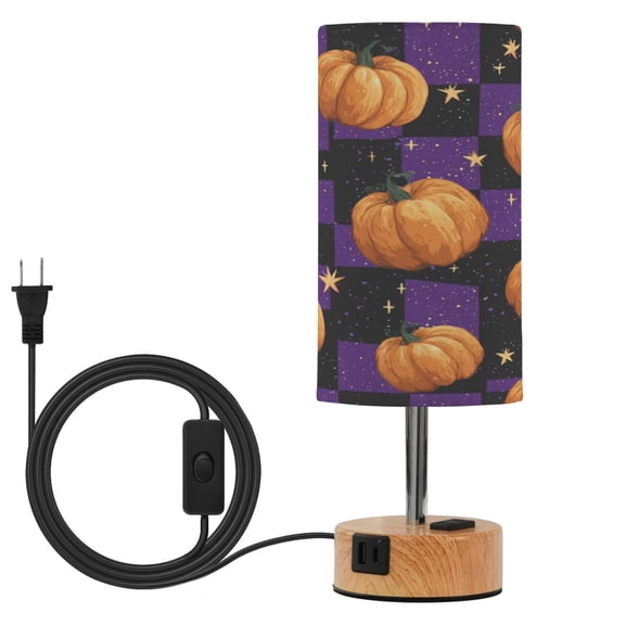 Touch Control Table Lamp with LED Bulb Bedside Lamp for Bedroom Living Room Purple Plaid and Pumpkins